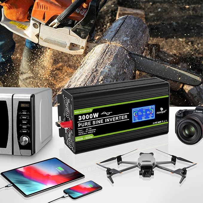 NOVOPAL 3000 Watt Pure Sine Wave Power Inverter DC 12V to AC 110V 120V Rv Inverters with 3 AC Outlets,High Power Terminal-16 ft Remote Control, LCD Display for Truck, Hurricane, Home