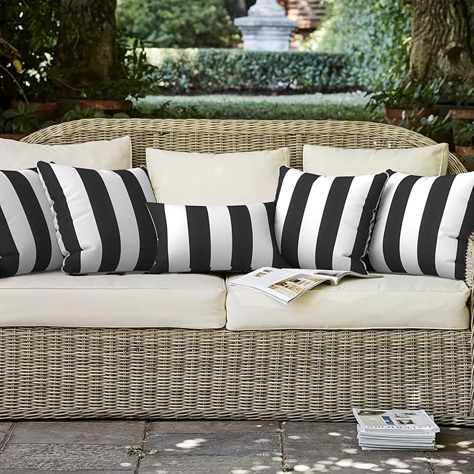 LVTXIII Set of 2 Patio Throw Pillows Waterproof 16"x16" Fade Resistant Outdoor Throw Pillows with Inserts, Fluffy Decorative Garden Toss Pillow Cushions for Home Patio Coach Sofa Use, Cabana Black