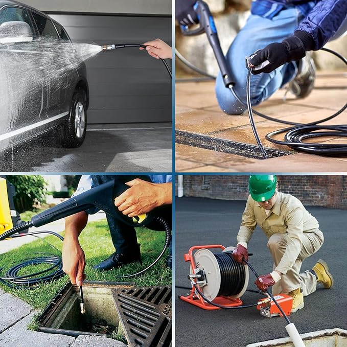 100FT Sewer Jetter Kit for Pressure Washer, 5800PSI Water Jet Durable Drain Cleaner Hose 1/4 Inch NPT Corner with 4 Specialized Nozzles，Waterproof Tape, Pearl Corsage Pin, Handle Strap & 2 Spanners