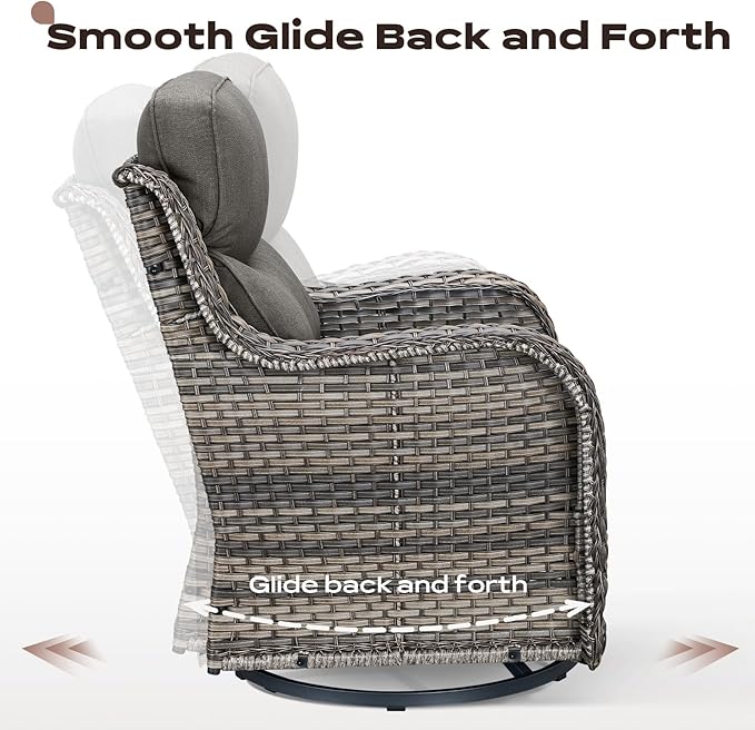 Rilyson Wicker Outdoor Patio Furniture Set - 4 Piece Patio Conversation Set with Swivel Rocker Chairs and Ottomans, 6 inch Cushions, High Back, Deep Seating, for Porch Deck Garden Mixed Grey/Grey