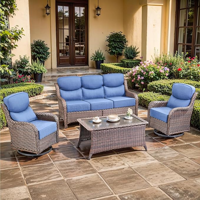 Luxury High Back Outdoor Furniture with 6-inch Extra Thick Cushions, Patio Furniture Set with Swivel Chairs, 4 PCS Wicker Conversation Set for Yard, Deck, Poolside, Brown/Blue