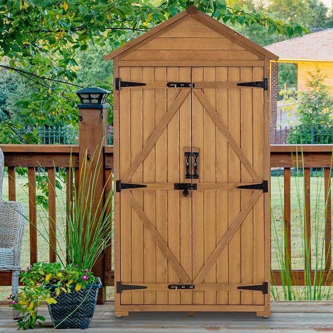 MCombo Outdoor Storage Cabinet with 2 Shelves, Outside Storage Shed with Floor, Wooden Garden Tool Shed with Latch for Yard Deck Lawn, 1000
