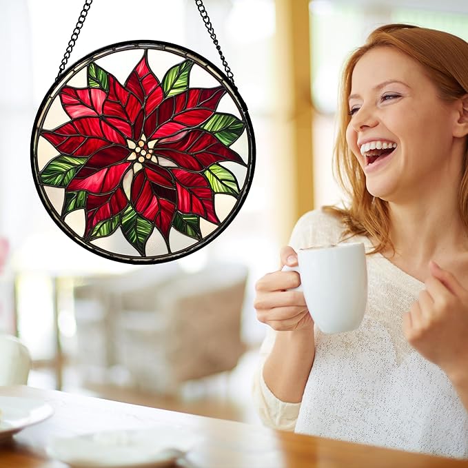 Stained Glass Window Hanging - Red Poinsettia Birth Flower Suncatcher for Door Garden Yard Sun Catchers Decor Christmas Mother's Day Birthday Gifts for Women Mom Nana Friend Men 11.8 in