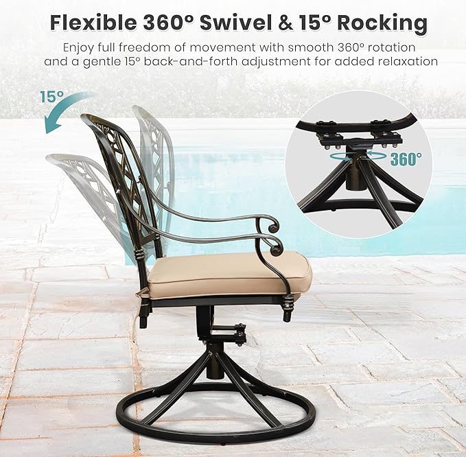 Set of 2 Cast Aluminum Patio Chairs with Cushions, All-Weather Aluminum Outdoor Swivel Chairs, Metal Outdoor Rocking Chairs for Backyard, Poolside and Bistro(Khaki, 2 Pieces)