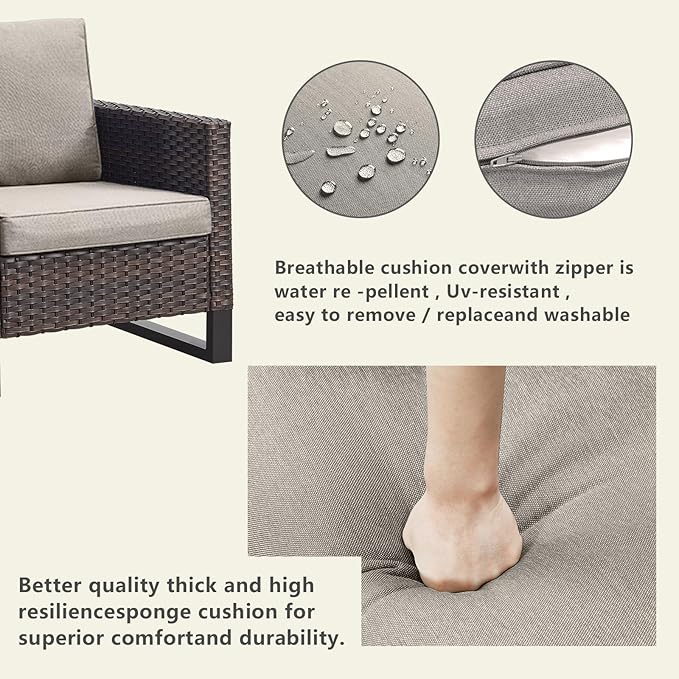 Rilyson Wicker Outdoor Patio Furniture Set - 6 Piece Patio Conversation Set with 2 Armrest Chairs,2 Rattan Ottoman,1 Couch and 1 Metal Side Table for Outside Porch Deck Backyard(Brown/Grey)