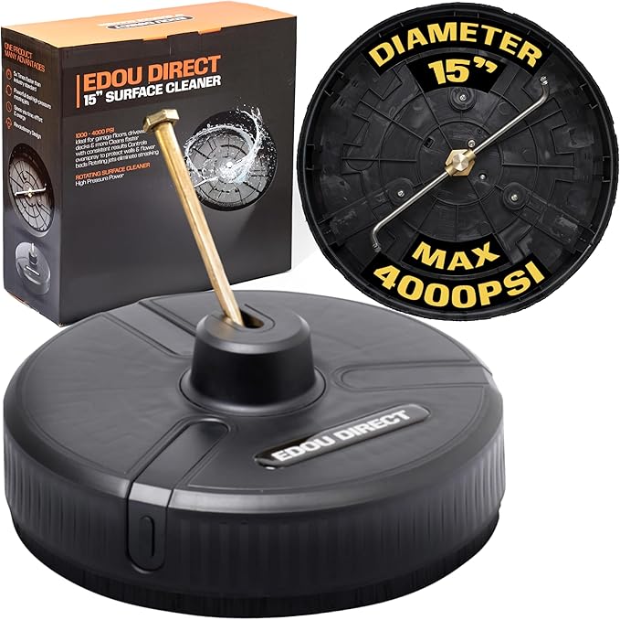 Edou Direct Pressure Washer Surface Cleaner - Heavy-Duty Plastic - 15'' - Black - Dual Spinning Nozzles for Fast Cleaning - Compatible with Most Electric Pressure Washers - 1/4 Inch Quick-Connect