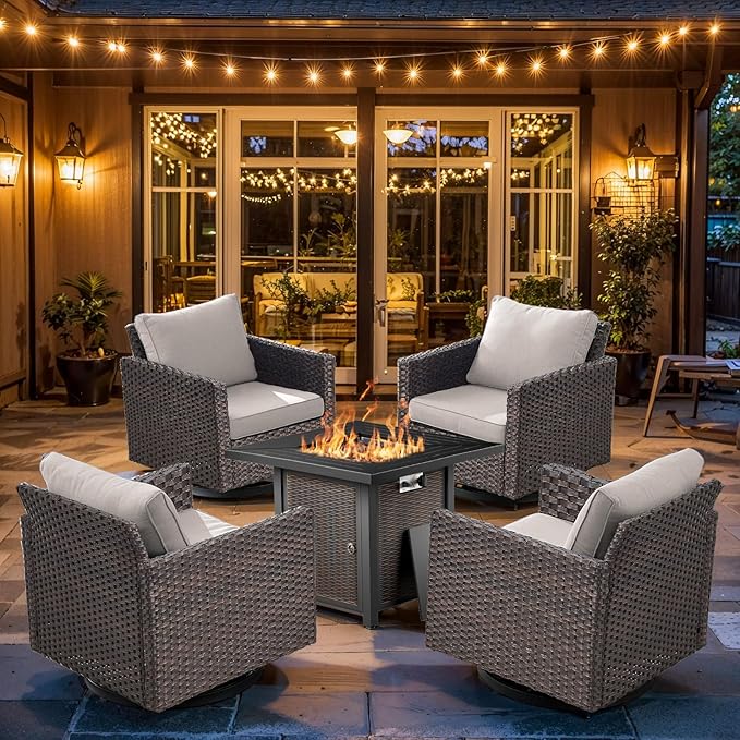 Wicker Outdoor Swivel Chairs Set of 4 with Fire Pit Table, 5 Pieces Patio Furniture Set with Fire Pit Table for Yard, Deck, Garden, Brown/Beige