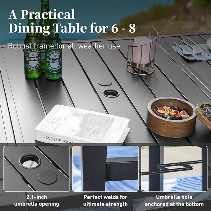 Patio Table and Chairs Set of 8, All-Weather Breathable Metal Mesh Patio Chair with Gourd-Shaped Armrests, 83x39 Rectangle Table with Umbrella Hole, 9 Pcs Metal Frame Patio Dining Set