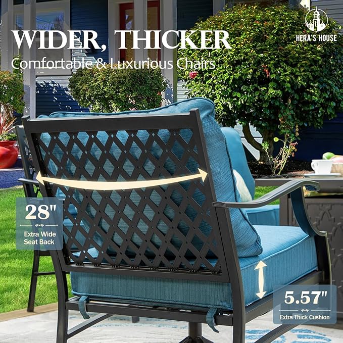 HERA'S HOUSE 6 Pieces Patio Furniture Set with Fire Pit Table, 2 x Rocking Chair, 2 x Ottoman, 3-Seat Sofa with 45" Fire Pit Table, Outdoor Conversation Set for Garden Poolside Backyard, Pacific Blue