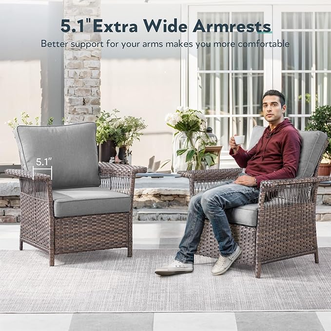 Wicker Outdoor Chairs Set of 2 - Hollow Widen Armrests Patio Furniture Set with Comfortable Thickened Cushion, High Back Outdoor Rattan Chairs for Balcony Porch Deck and Yard - Brown/Gray