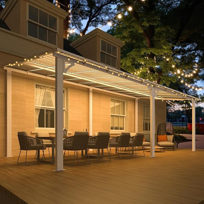 AECOJOY 20' x 10' White Outdoo Gazebo for Patio, Large Wall-Mounted Pergolas and Gazebos Clearance Hard Top 10x20 Lean to Metal Gazebo Shelter Patio Roof, Heavy Duty Awnings for Patio, Decks