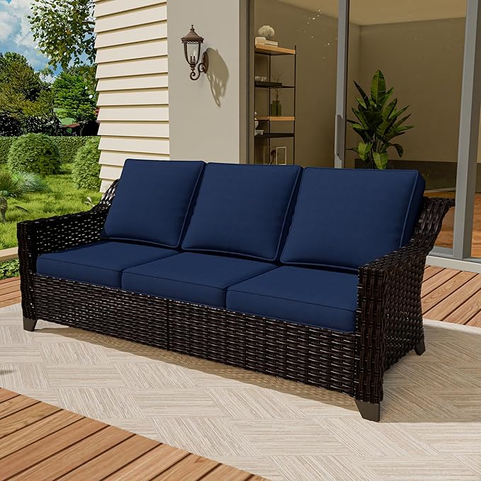 Vista Vibe 78" Patio Wicker 3-seat Sofa, Deep Seat & Upholstered Loveseat, Outdoor All-Weather Rattan Couch with Removable Cushions, Steel Frame Couch for Garden, Poolside (Brown/Navy)
