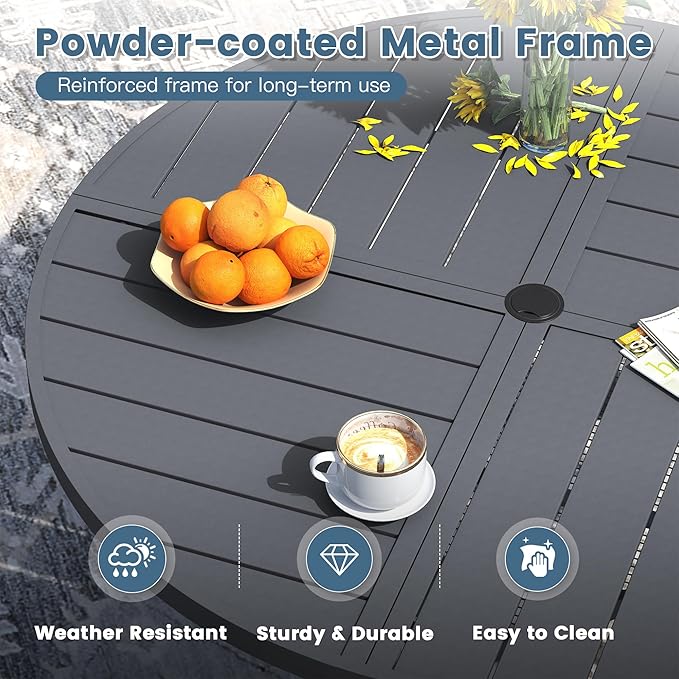 DIFY 53.1" Round Outdoor Patio Dining Table for 6-8, All-Weather Metal Steel Slatted Patio Table with 1.57" Adjustable Umbrella Hole, for Lawn Garden Porch Backyard, Grey