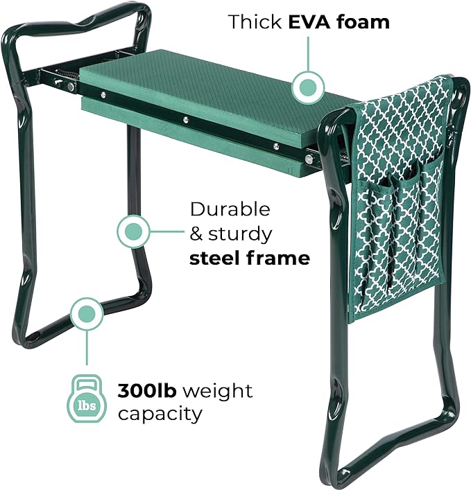Garden Kneeler And Stool - Foldable Garden Seat For Storage - EVA Foam - Heavy Duty and Lightweight Gardening Yard Tools - Great for Gardening Gifts for Women - Bench Comes With Tool Pouch and Gloves