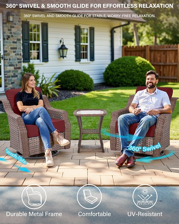 Belord 6" Thick Cushion Outdoor Swivel Rocker Patio Chairs Set of 2,3 Piece Wicker Patio Bistro Set with Side Table and Comfort High Back Outdoor Patio Glider Chair Brown Wicker/Red Cushion