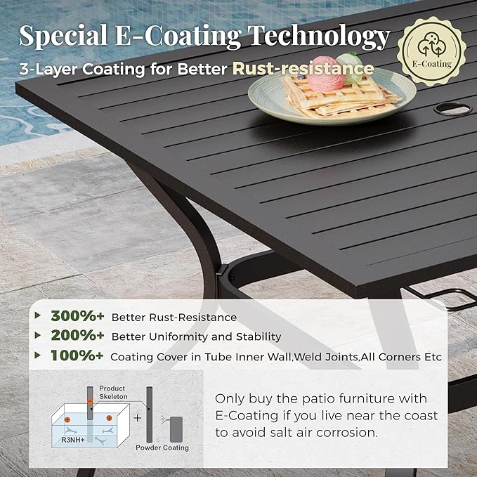 5 Pieces Patio Table and Chairs Set, 4 Person Outdoor Dining Furniture Set, 4 Brown Textilene Chairs and 37" Square Metal Table with Umbrella Hole, for Deck Backyard Lawn