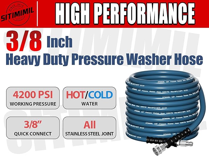 150 FT Pressure Washer Hose 3/8'' - Kink Resistant Steel Wire Braided, Wear Resistant, 3/8" Stainless Steel Quick Connect, with M22 14mm Adapter Set, Hot and Cold Water Power Washer Hose, 4200 PSI