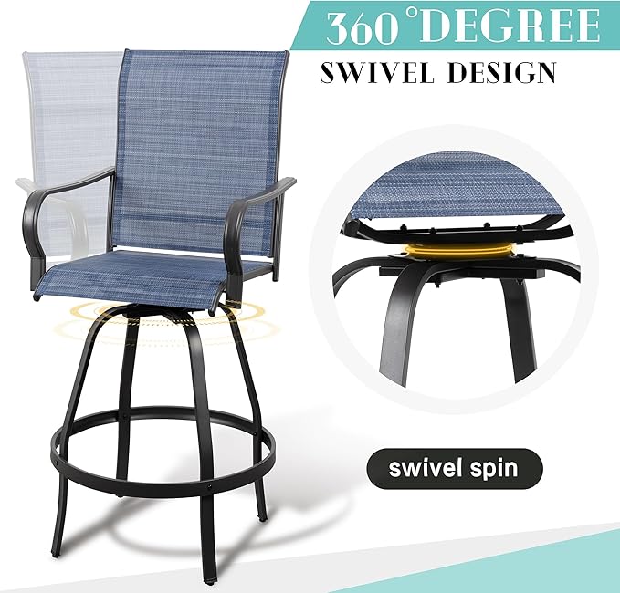 Vongrasig 4 Piece Patio Swivel Bar Chairs, All Weather Metal Textile High Swivel Bar Stools Chairs, Outdoor High Top Bistro Set for Backyard, Lawn Garden, Balcony, Denim Blue