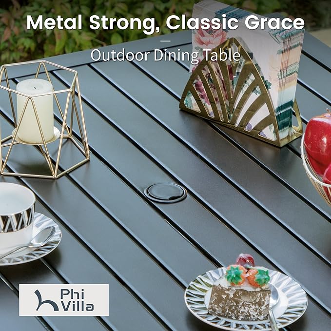 PHI VILLA 5 PCS Outdoor Dining Set with Umbrella for 4, Metal Steel Square Dining Table & Stacking Chais & 3-Tier Round Umbrella, Dining Furniture Set for Patio, Deck, Yard and Porch
