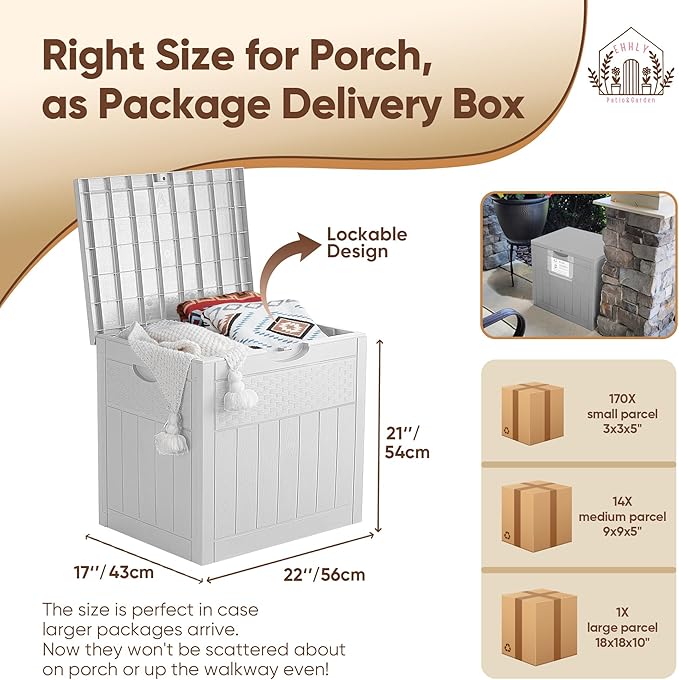 33 Gallon Deck Box Set of 2, Small Outdoor Storage Box Waterproof, Lockable Secure Package Bin Delivery Box for Outside, Patio Cushions Storage Box, Delivery Driver Snack Box for Porch, White