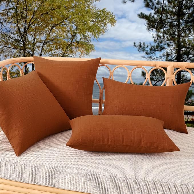 Kevin Textile Fall Pack of 2 Outdoor Waterproof Pillow Covers Checkered Decorative Cushions Sham Throw Pillowcases Shell for Patio Tent Garden Couch Bed Sofa 18x18 Inch Burnt Orange