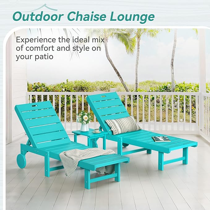 Outdoor Chaise Lounge Chairs with Table, 3-Piece, 26.8” Super Wide Lounge Chair Outdoor, HDPS Pool Chairs with 5 Positions, Patio Lounge Chair with Wheels for Pool,Lawn,Backyard, Aruba Blue