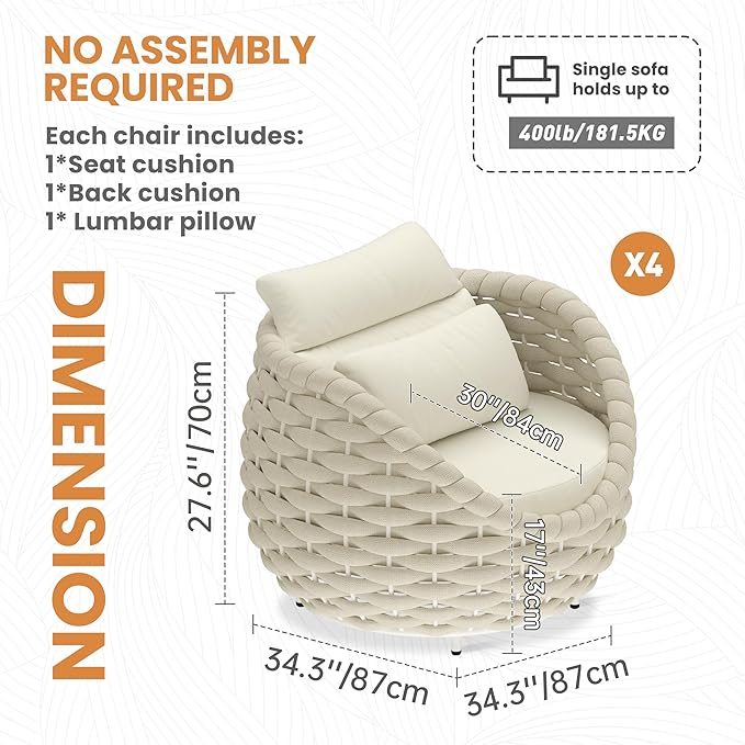 Patio Accent Chairs Set of 4: Aluminum Porch Lounge Chair with Arms - Woven Rope Cushioned Armchair - Modern One Seater Sofa - Outdoor Deck Furniture for 400lbs Balcony Yard Garden Hotel, Beige