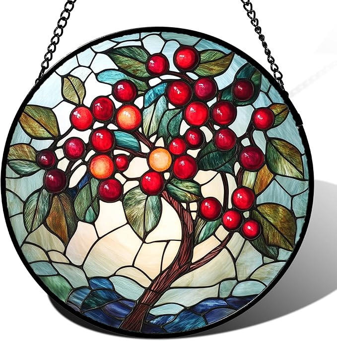 CRIS GIF Stained Glass Window Hanging - Red Fruit Tree Landscape Suncatcher for Doors Garden Patio Sun Catchers Decor Christmas Mother's Day Birthday Gifts for Women Men Mom Nana Friend 9.8 in