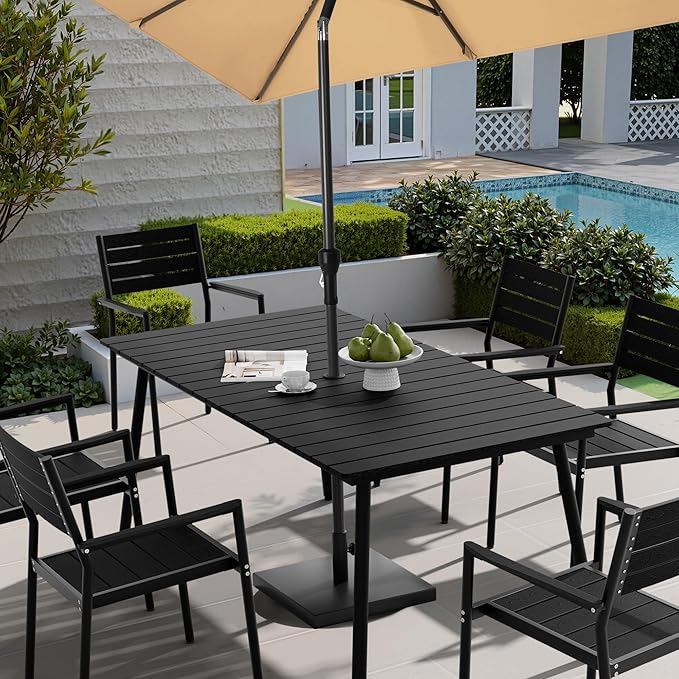 Outdoor Dining Table for 6, 70inch Patio Dining Table with Wooden-Like Top and Aluminum Frame, Rectangular Table with Umbrella Hole Outdoor Furniture, Only Table, Black