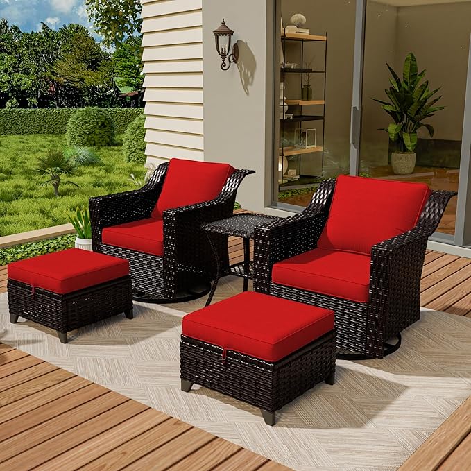 Vista Vibe 5 Pieces Outdoor Rattan Patio Conversation Furniture Set - 360 Degree Swivel Glider Rocker Chairs | Coffee Table | 2 Wicker Ottomans, Premium & Washable Cushions, Terrace (Brown/Red)