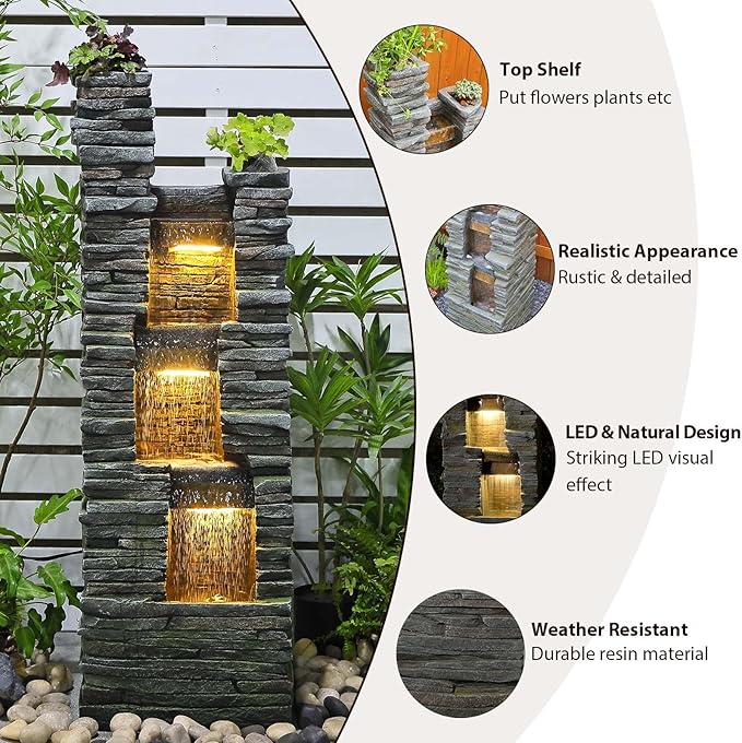 47" H Garden Water Fountain Outdoor with LED Lights & Pump, 3-Tier Cascading Outdoor Fountain for Garden,Patio,Porch,Backyard,Home Art Decor (Gray)