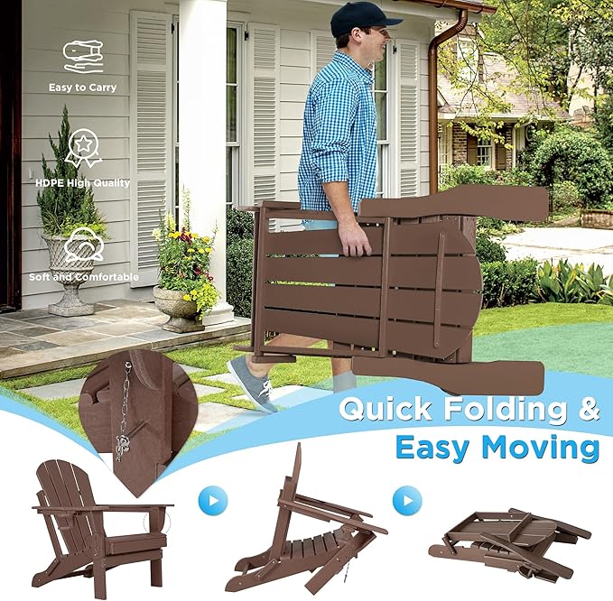 nalone Folding Adirondack Chair with Cushion with Cup Holder, HDPE Plastic Oversized Patio Chair Weather Resistant, Used in Outdoor, Fire Pit, Deck, Garden, Campfire Chairs