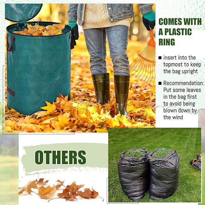 10 Pcs 72 Gallons Yard Waste Bags with Lid and 4 Pairs Gardening Coated Gloves Leaf Bags (h30" x D26") 4 Handles Large Waste Container for Lawn Yard Weed Leaf