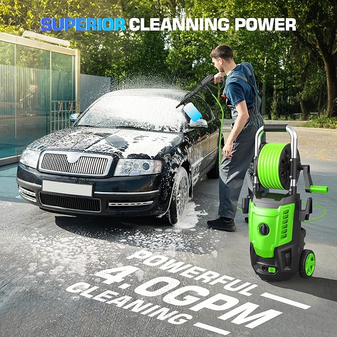 4800 PSI Pressure Cleaner- 4.0 GPM High Power Cleaner with 33FT Hose Reel, 4 Spray Tips and Soap Bottle for Car Washing, Fence Cleaning, Patio Maintenance（Upgraded）(Green)