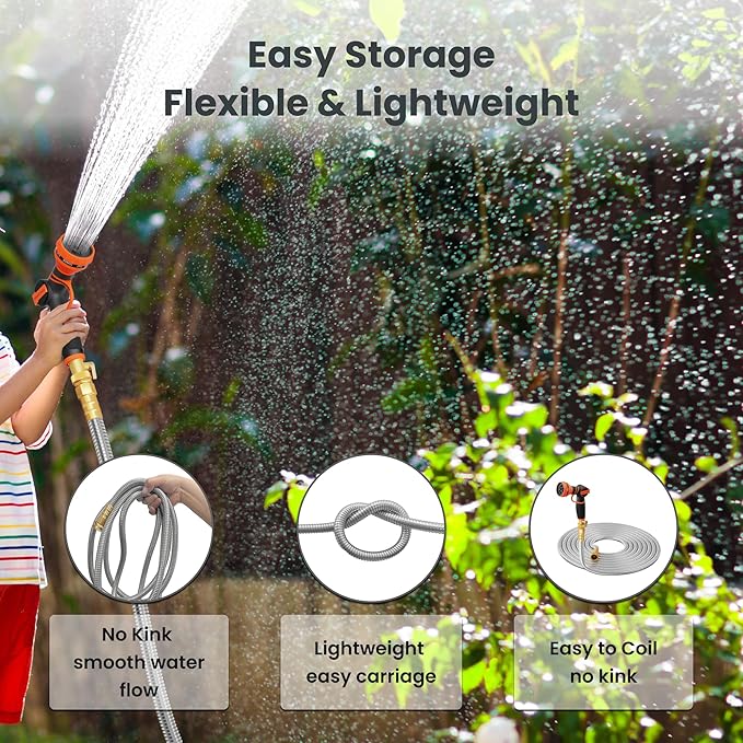 Girafe Tools Garden Hose 25ft x 5/8", 304 Stainless Steel Metal Water Hose, No Kink Garden Water Hose with 9 Pattern Spray Nozzle, Flexible, Lightweight, Kink Free Hose for Yard, Outdoor