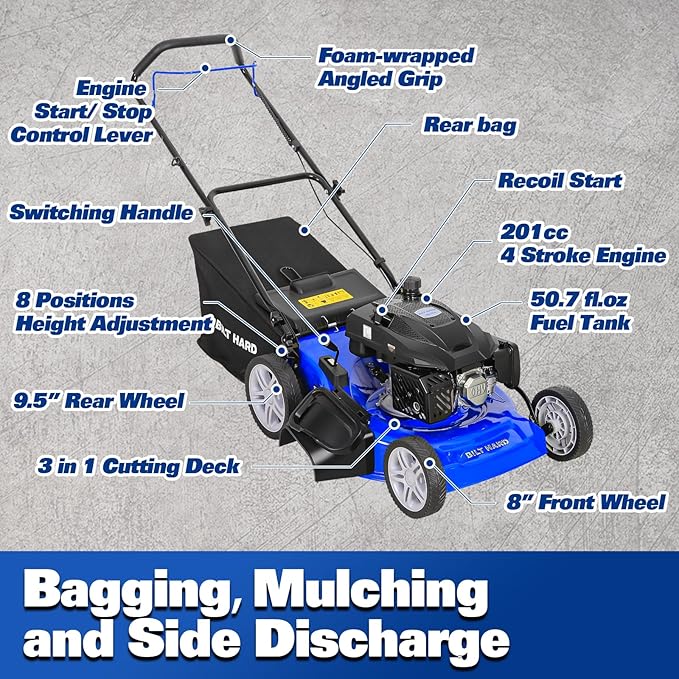 BILT HARD 21 Inch 201cc 4-Cycle Engine Push Lawn Mower, 3-in-1 Gas Lawn Mower with Bagging, Mulching and Side Discharge, Easy Start with Adjustable 8-Positions Cutting Height for Lawn, Yard, Garden