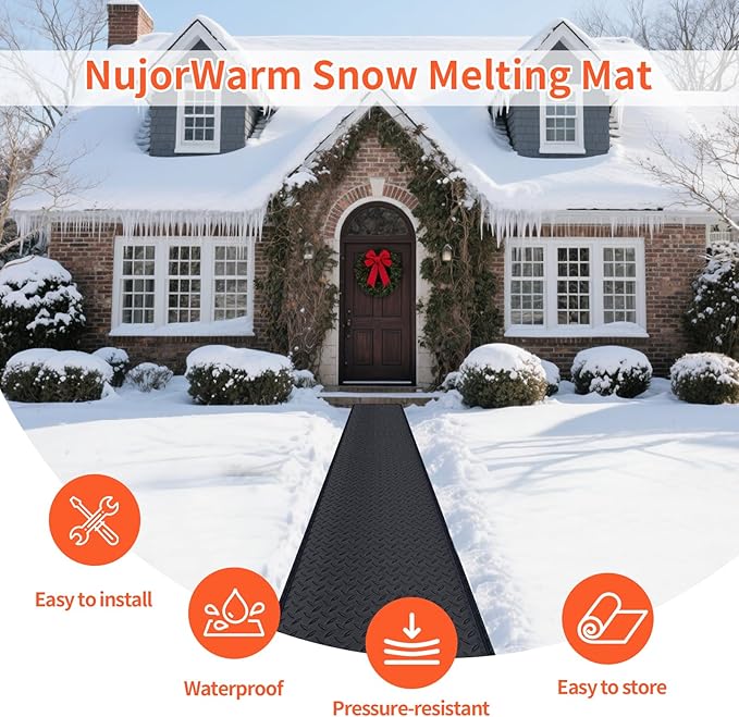Snow Melting Mats for Roof Valley Walkways, 120V Outdoor Electric Heated Melting Snow Ice Removal, Roof Deicing System Black 15 in x 11.5 ft