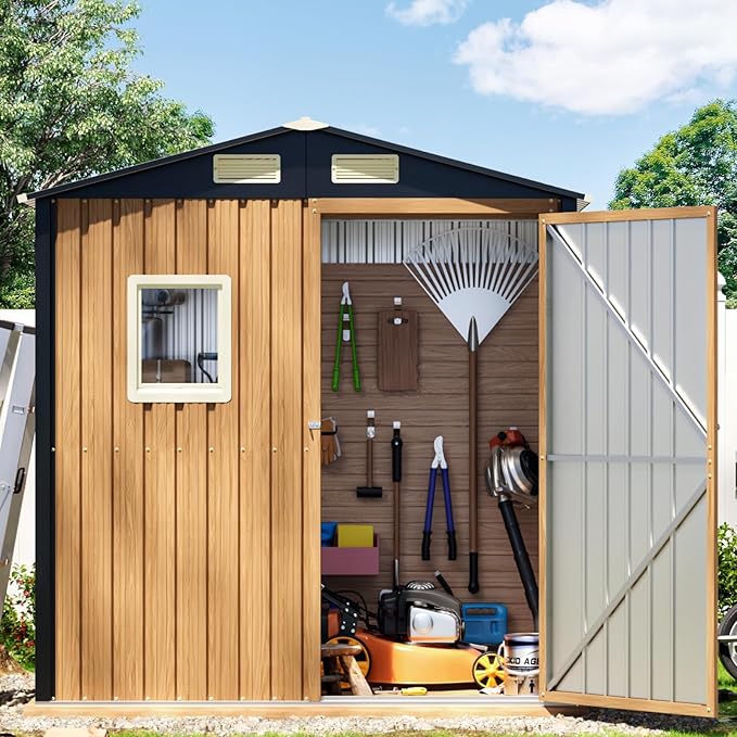 6X4FT Garden Storage Shed with Frame Floor & Lockable Door,Steel Tool Shed with 1 Clear Window, Anti-Corrosion Metal Shed for Backyard Patio Lawn (Light Wood Grain)