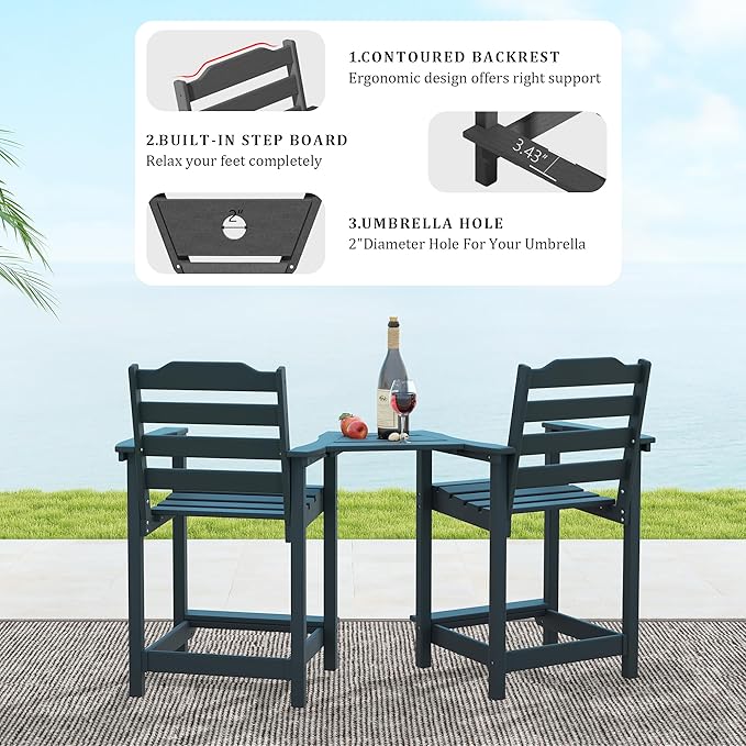 OTSUN Tall Adirondack Chairs Set of 4 with Connecting Tray, 24 inches HDPE Bar Height Outdoor Chairs, All Weather Resistant for Balcony, Porch, Kitchen (4 PCS, Black)