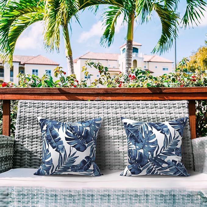 LVTXIII Outdoor/Indoor Throw Pillows, Decorative Throw Pillows with Inserts, 18”x18” Square Pillows for Bed, Couch, Sofa and Patio Furniture (Set of 2, Palm Blue)