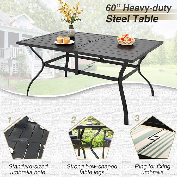 PHI VILLA 7 Pieces Patio Dining Set for 6 with 13ft Large Patio Umbrella, Metal Outdoor Stackable Wrought Iron Chair Set of 6 & 60"X38" Metal Dining Table,Market Table Beige Umbrella