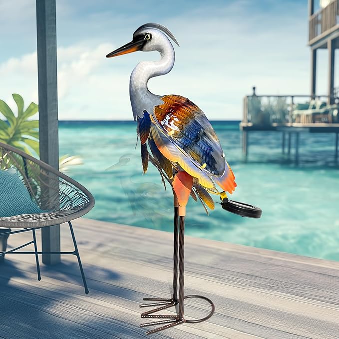 HONGLAND Solar Heron Metal Crane Statue Garden Heron Sculpture, Glass Outdoor Crane Yard Art Coastal Ocean Bird Decor 24 Inch Lawn Ornament for Backyard Porch Patio Decor（Purple）