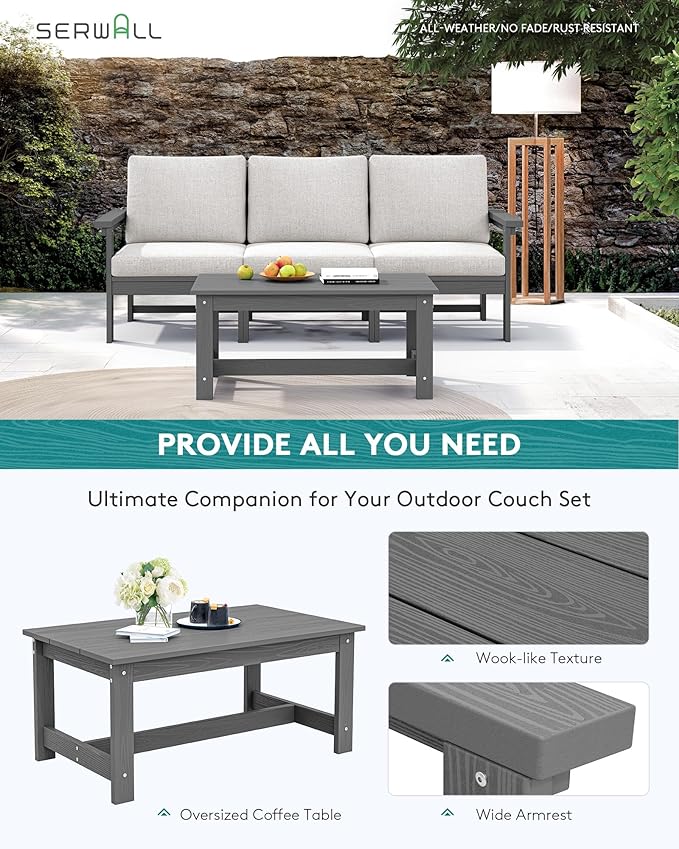 SERWALL HDPE Patio Sofa Set, 4-Piece Sectional Outdoor Furniture Set, All Weather Outdoor Couch Set Patio Furniture Set for Deck, Lawn, Grey Frame with Khaki Cushion