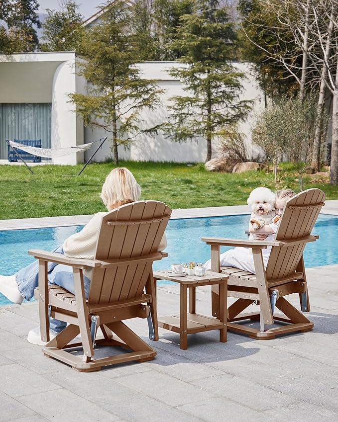 SERWALL Adirondack Swivel Glider Chair, HDPE Swivel Glider Set of 4 for Outdoor, All-Weather Glider Chair for Porch, Balcony, Wood Brown