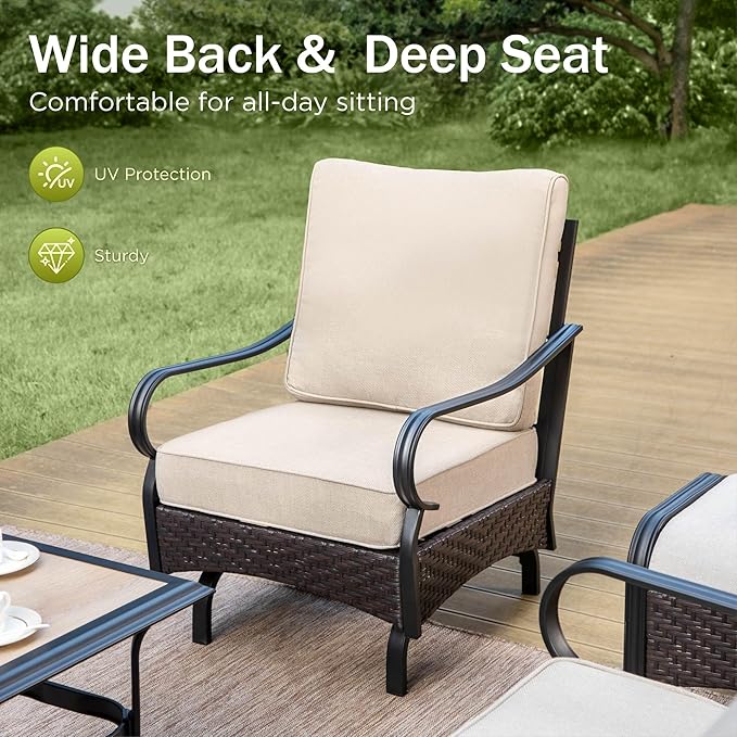 PHI VILLA Patio Rocking Chairs Set of 2, Outdoor Wicker Chairs with Thick Cushion, All Weather High Back Outdoor Furniture for Balcony Porch and Yard