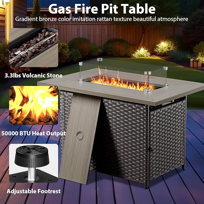 6 Piece Wicker Patio Furniture with Fire Pit Table - Outdoor Conversation Set with 50,000 BTU Fire Pit, All Weather Rattan Patio Set for Deck Backyard Garden - Brown Wicker Grey Cushion