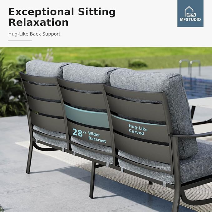 MFSTUDIO 4 Pieces Patio Conversation Set, 5 Seats Metal Patio Furniture Sets with 1 x 3-Seat Sofa, 2 Single Chairs,1 Coffee Table, All Weather Steel Patio Sets with 5.75inch Grey Cushion for Garden