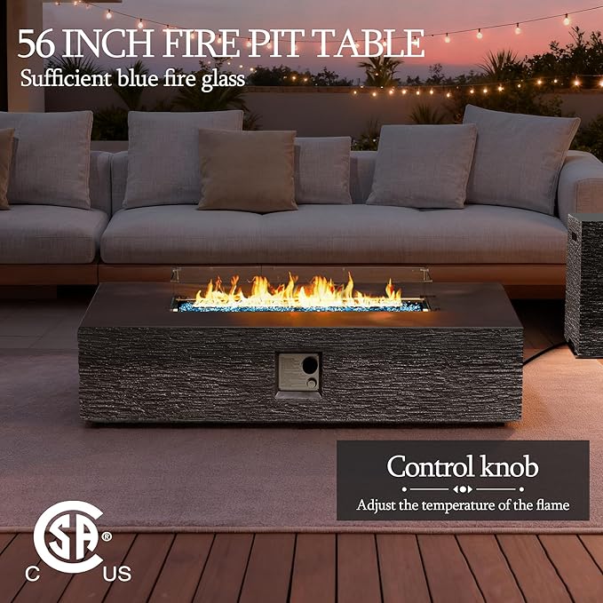 UPHA 56-inch Outdoor Propane Gas Fire Pit Table 50000 BTU Concrete Rectangle FirePit for Outside Patio with Propane Tank Cover, Wind Guad, Blue Glass Rocks, Rain Cover, Grey Horizontal Stripe