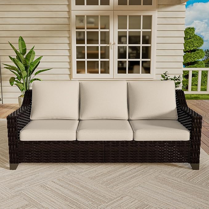 Vista Vibe 78" Patio Wicker 3-seat Sofa, Deep Seat & Upholstered Loveseat, Outdoor All-Weather Rattan Couch with Removable Cushions, Steel Frame Couch for Garden, Poolside (Brown/Beige)