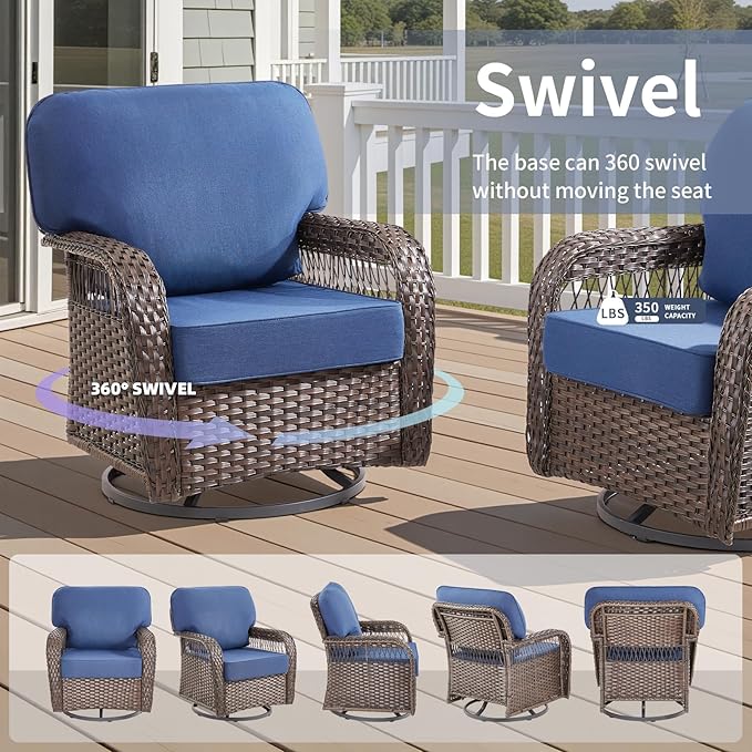 5 Pieces Patio Furniture Set Outdoor Sectional Sofa Couch with Rocking Swivel Chairs 5" Deep Seat Chairs, Modern Wicker Rattan Conversation Set, Blue/Brown Wicker